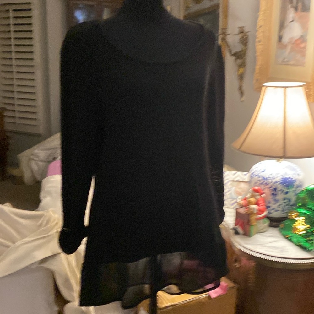 PeterNygard black thick sweater mini dress/top cuffed sleeved.sheer layer at end